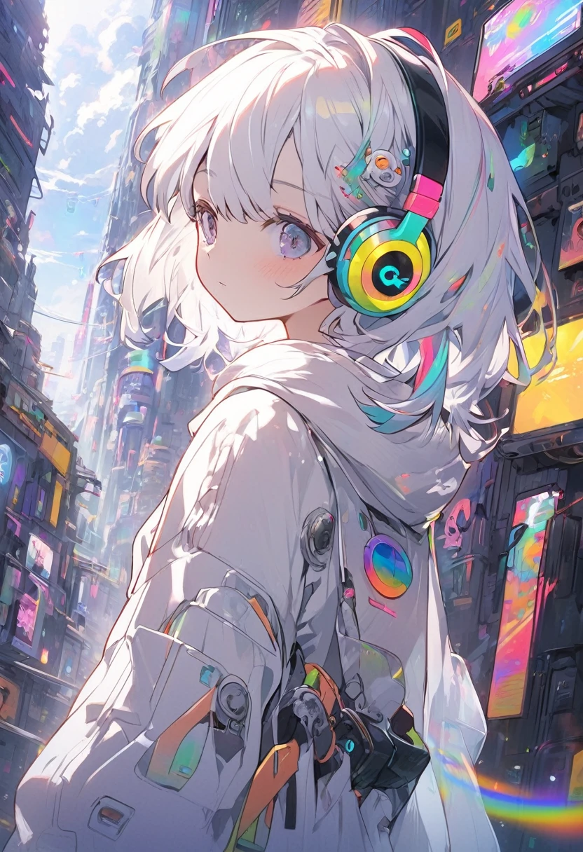 Handsome cute, Solitary, 1 female, Medium Length Hair, white hair, Rainbow hair, sleepy Eyes, Rainbow headphone, knit dress, Futuristic, Cyberpunk, Cybernetics panoramic, back ground lo-fi world, looking away,