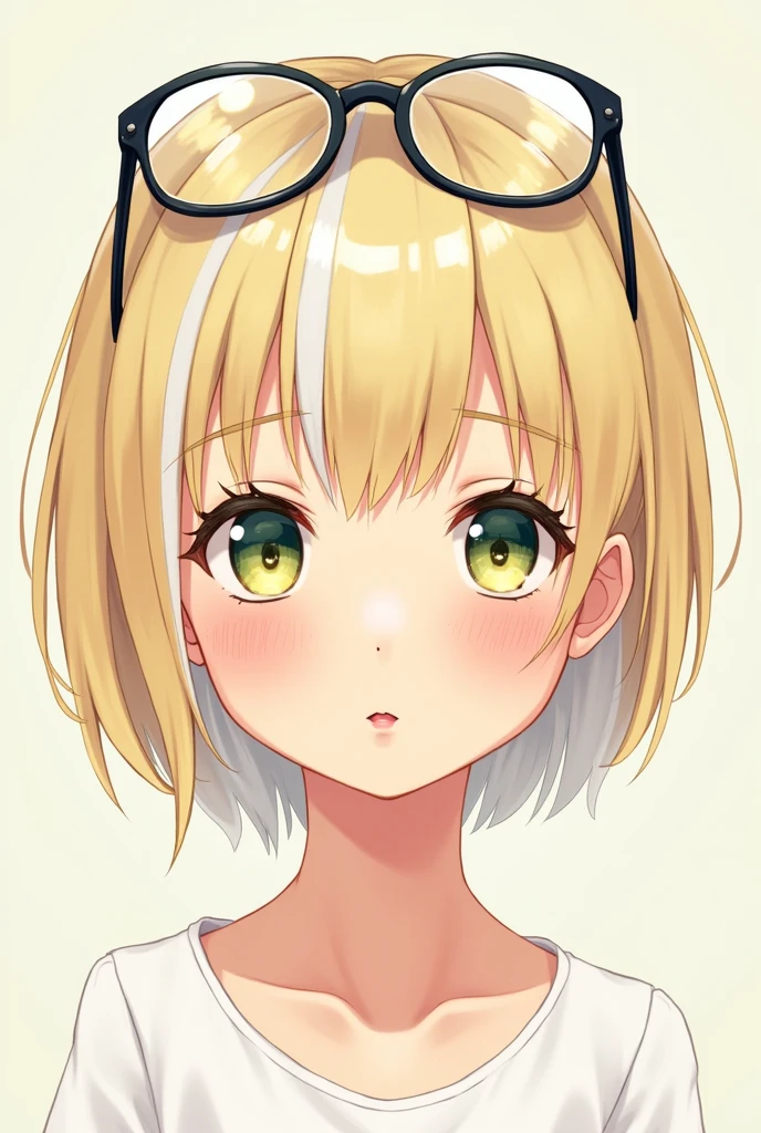 a white girl, thin-faced, pink lips, upturned nose and good profile, with honey and greenish colored eyes, blonde eyebrows, short blonde and white hair, with few freckles and white streaks in her hair and with good facial symmetry, with a serious but cute face in anime form and with glasses in her hair