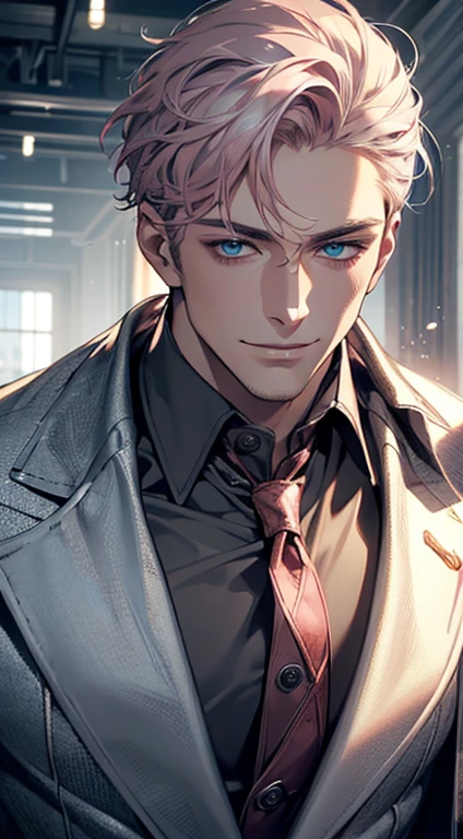 (best quality, masterpiece, 8K, photorealistic, cinematic lighting, hdr image, ultra detailed, beautiful image), a mature man, very handsome, smile, short grey pink hair, blue eyes, perfect face without errors, ((buttoning the jacket, CEO))