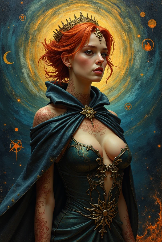 In this evocative, surrealist oil painting, the artist masterfully blends the styles of Jeremy Mann, Van Gogh, and Luis Royo to create an enchanting scene. The captivating protagonist is a woman with fiery red hair, adorned with intricate, gold tattoos that resemble flames, and a mysterious cape. She wears a crown of molten metal and exudes a powerful presence. The background is a swirling blend of cosmic galaxies and glowing symbols, creating an ethereal and magical atmosphere. The intricate details, vibrant colors, and masterful brushwork make this portrait a mesmerizing and otherworldly piece of dark fantasy and surrealism.