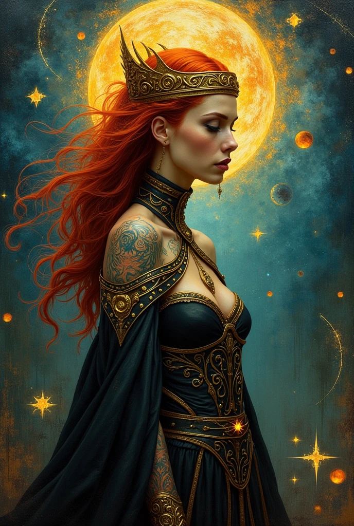 In this evocative, surrealist oil painting, the artist masterfully blends the styles of Jeremy Mann, Van Gogh, and Luis Royo to create an enchanting scene. The captivating protagonist is a woman with fiery red hair, adorned with intricate, gold tattoos that resemble flames, and a mysterious cape. She wears a crown of molten metal and exudes a powerful presence. The background is a swirling blend of cosmic galaxies and glowing symbols, creating an ethereal and magical atmosphere. The intricate details, vibrant colors, and masterful brushwork make this portrait a mesmerizing and otherworldly piece of dark fantasy and surrealism.