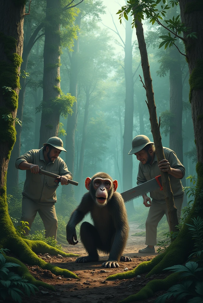people cut trees with saw and monkey anxious have no place to live (scary and sad vibe)