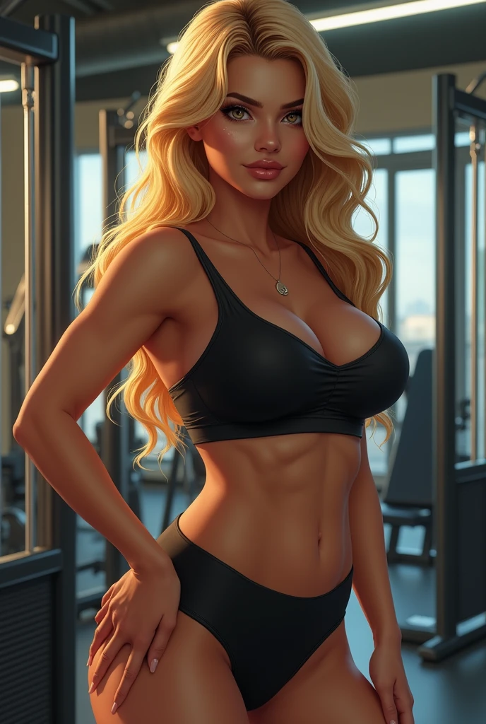 blonder woman, sexy look, and with big ass and big boobs in the gym with gym clothes 