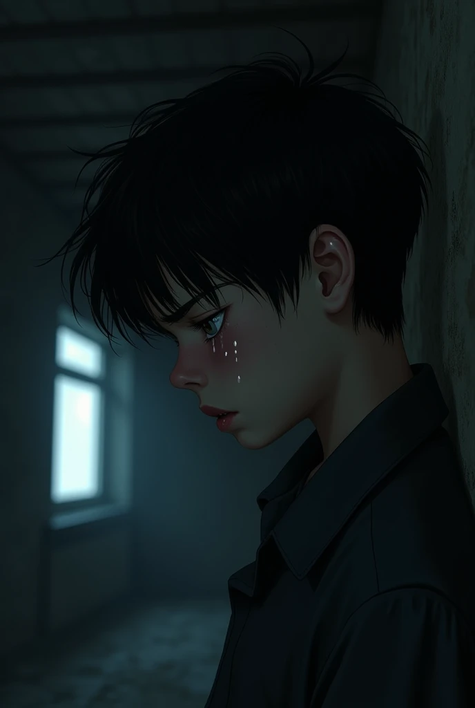 Black haired boy sitting crying in a dark room