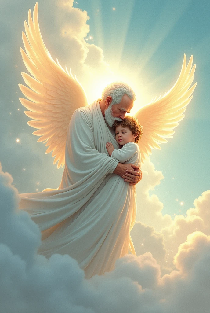 Dead grandfather holding his dead grandson. They are in the heaven and became angels. The drawing should be an outline drawing.