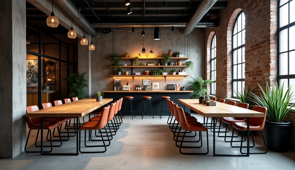 industrial style office design for architecture and interiors:
1. Materials and Textures
Brick and Concrete: Use bare-brick and concrete walls to create a unique and intimate feel. You can expose the rustic textures, without plaster and paint.
Metal and Steel: Use metal details, such as door frames, railings, or steel and aluminum light fixtures. Plumbing, electrical, or steel bars can also be exposed to create an industrial look.
2. Colors
Dark color palette: Use colors like black, gray, brown, and earth tones to create a warm and strong space.
Bold colors: Add a few strong color accents, such as red or yellow, through paintings, chairs, or walls to create balance and uniqueness.
3. Furniture
Large desks: Use rough wood desks with metal legs and large dining tables to encourage collaboration.on a computer desk
Ergonomic chairs: Choose industrial-style seating with minimalist designs and durable materials like leather or rough fabric.
Open shelves: Install open shelves in wood and metal to create storage and decorative spaces.
4. Lighting
Decorative pendant lights: Use metal pendant lights or industrial ceiling lights to add aesthetics and light to the space.
Natural light: Optimize natural light by using large windows and open spaces to create an airy feel.
Discussion areas: Set up comfortable areas with sofas or low chairs, along with coffee tables for employees to discuss and work in groups.
8. Office plants
Industrial plants: Use simple but beautiful ornamental plants, suitable for industrial spaces such as cactus, peace lily or snake plant to create freshness without taking up space.