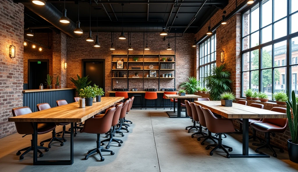 industrial style office design for architecture and interiors:
1. Materials and Textures
Brick and Concrete: Use bare-brick and concrete walls to create a unique and intimate feel. You can expose the rustic textures, without plaster and paint.
Metal and Steel: Use metal details, such as door frames, railings, or steel and aluminum light fixtures. Plumbing, electrical, or steel bars can also be exposed to create an industrial look.
2. Colors
Dark color palette: Use colors like black, gray, brown, and earth tones to create a warm and strong space.
Bold colors: Add a few strong color accents, such as red or yellow, through paintings, chairs, or walls to create balance and uniqueness.
3. Furniture
Large desks: Use rough wood desks with metal legs and large dining tables to encourage collaboration.on a computer desk
Ergonomic chairs: Choose industrial-style seating with minimalist designs and durable materials like leather or rough fabric.
Open shelves: Install open shelves in wood and metal to create storage and decorative spaces.
4. Lighting
Decorative pendant lights: Use metal pendant lights or industrial ceiling lights to add aesthetics and light to the space.
Natural light: Optimize natural light by using large windows and open spaces to create an airy feel.
Discussion areas: Set up comfortable areas with sofas or low chairs, along with coffee tables for employees to discuss and work in groups.
8. Office plants
Industrial plants: Use simple but beautiful ornamental plants, suitable for industrial spaces such as cactus, peace lily or snake plant to create freshness without taking up space.