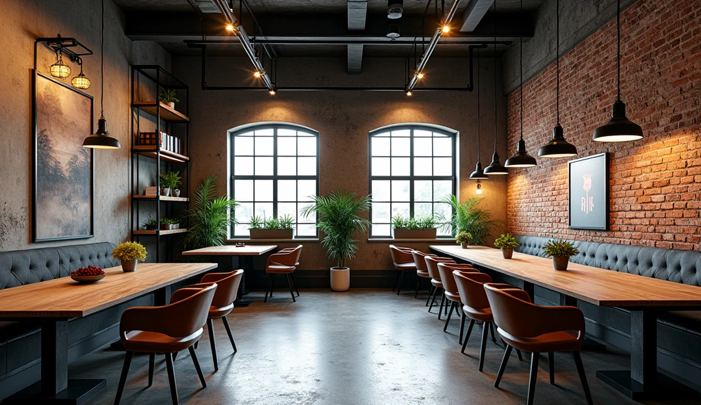 industrial style office design for architecture and interiors:
1. Materials and Textures
Brick and Concrete: Use bare-brick and concrete walls to create a unique and intimate feel. You can expose the rustic textures, without plaster and paint.
Metal and Steel: Use metal details, such as door frames, railings, or steel and aluminum light fixtures. Plumbing, electrical, or steel bars can also be exposed to create an industrial look.
2. Colors
Dark color palette: Use colors like black, gray, brown, and earth tones to create a warm and strong space.
Bold colors: Add a few strong color accents, such as red or yellow, through paintings, chairs, or walls to create balance and uniqueness.
3. Furniture
Large desks: Use rough wood desks with metal legs and large dining tables to encourage collaboration.on a computer desk
Ergonomic chairs: Choose industrial-style seating with minimalist designs and durable materials like leather or rough fabric.
Open shelves: Install open shelves in wood and metal to create storage and decorative spaces.
4. Lighting
Decorative pendant lights: Use metal pendant lights or industrial ceiling lights to add aesthetics and light to the space.
Natural light: Optimize natural light by using large windows and open spaces to create an airy feel.
Discussion areas: Set up comfortable areas with sofas or low chairs, along with coffee tables for employees to discuss and work in groups.
8. Office plants
Industrial plants: Use simple but beautiful ornamental plants, suitable for industrial spaces such as cactus, peace lily or snake plant to create freshness without taking up space.