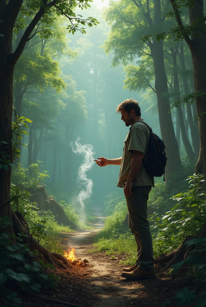 A man throwing a cigarette in a forest