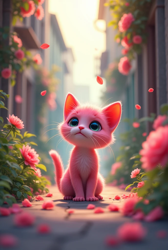 The Birth of the Pink Cat . The alley is filled with blooming flowers and a gentle breeze that seems to welcome her into the world.