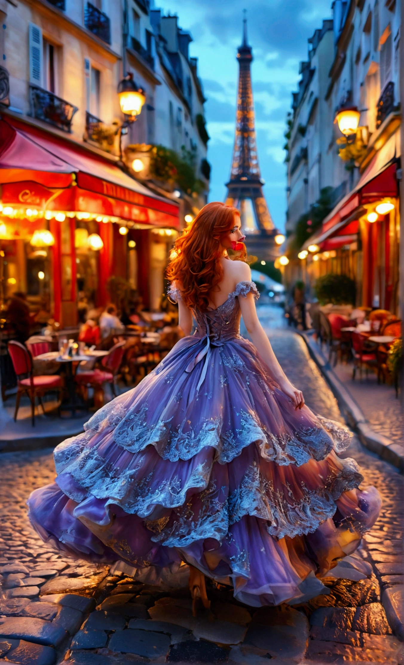 An enchanting redhead with an hourglass silhouette, elegantly strutting along a cobblestone street in Paris. She wears a flamboyant, avant-garde dress with intricate lace details that dance in the breeze. The soft glow of twilight casts a warm light on her, accentuating her playful confidence. In the background, the Eiffel Tower sparkles against a canvas of starry night sky, while vintage street lamps illuminate the scene with a romantic ambiance. The atmosphere is infused with hints of Parisian café culture, as delicate pastries and blooming flowers adorn the nearby café tables
