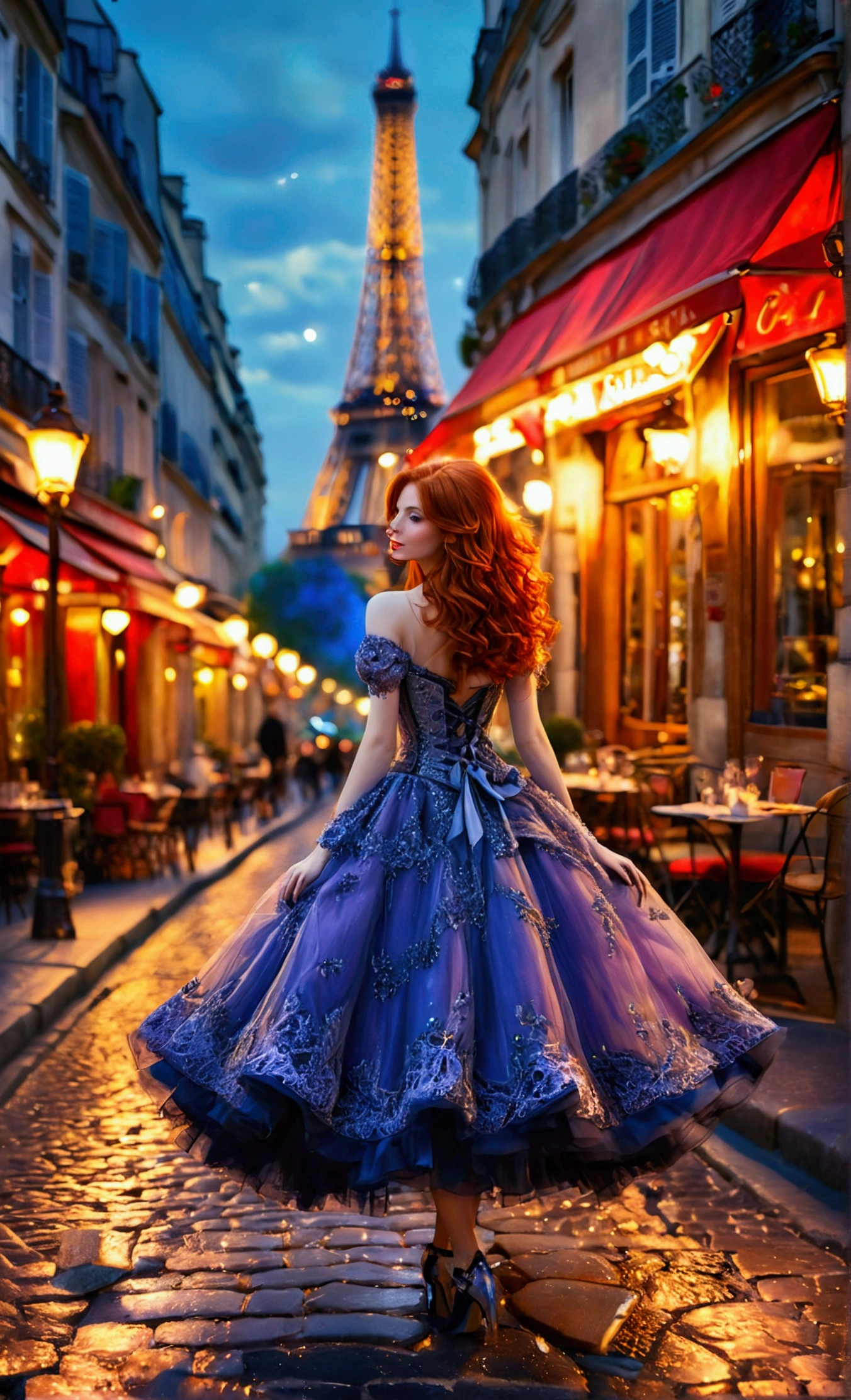An enchanting redhead with an hourglass silhouette, elegantly strutting along a cobblestone street in Paris. She wears a flamboyant, avant-garde dress with intricate lace details that dance in the breeze. The soft glow of twilight casts a warm light on her, accentuating her playful confidence. In the background, the Eiffel Tower sparkles against a canvas of starry night sky, while vintage street lamps illuminate the scene with a romantic ambiance. The atmosphere is infused with hints of Parisian café culture, as delicate pastries and blooming flowers adorn the nearby café tables