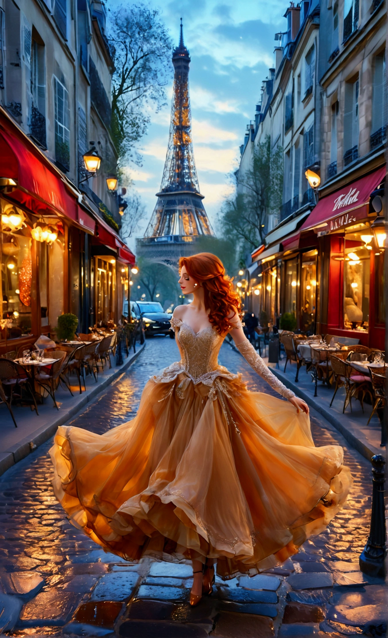 An enchanting redhead with an hourglass silhouette, elegantly strutting along a cobblestone street in Paris. She wears a flamboyant, avant-garde dress with intricate lace details that dance in the breeze. The soft glow of twilight casts a warm light on her, accentuating her playful confidence. In the background, the Eiffel Tower sparkles against a canvas of starry night sky, while vintage street lamps illuminate the scene with a romantic ambiance. The atmosphere is infused with hints of Parisian café culture, as delicate pastries and blooming flowers adorn the nearby café tables
