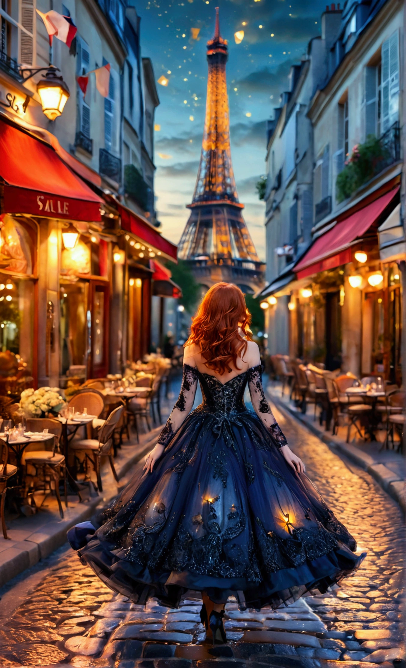 An enchanting redhead with an hourglass silhouette, elegantly strutting along a cobblestone street in Paris. She wears a flamboyant, avant-garde dress with intricate lace details that dance in the breeze. The soft glow of twilight casts a warm light on her, accentuating her playful confidence. In the background, the Eiffel Tower sparkles against a canvas of starry night sky, while vintage street lamps illuminate the scene with a romantic ambiance. The atmosphere is infused with hints of Parisian café culture, as delicate pastries and blooming flowers adorn the nearby café tables