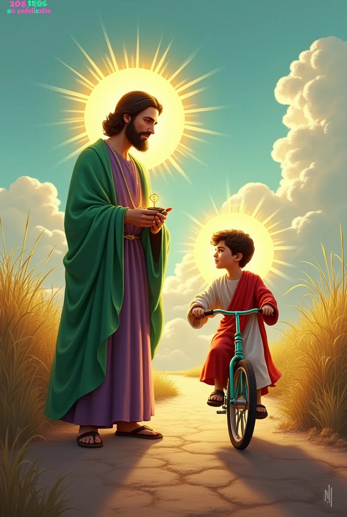 Saint Joseph standing in a green and purple outfit with a yellow halo around his head on a dirt road and in front of him his son Jesus Christ aged 10 wearing a red and white outfit with a yellow halo around his head riding a small bicycle in a sideways position with a very bright sun and clouds in the sky and a text at the top with pink and green letters reading "Caminha São José do Pedalzinho"