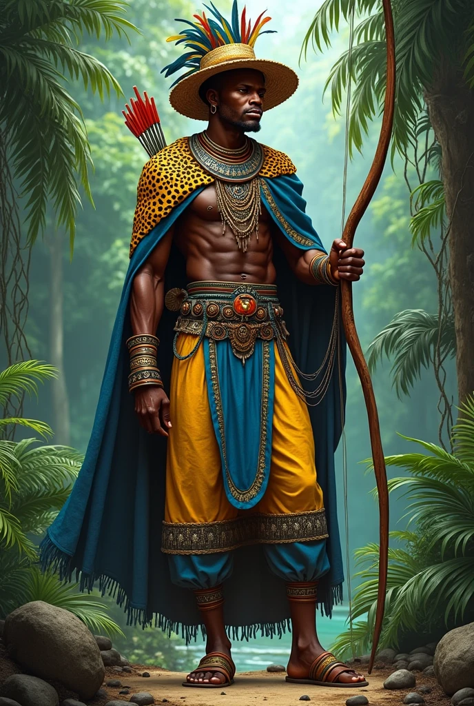 Oshosi Strong hunter dressed in blue and yellow ankle-length pants with African necklaces and with a bow and arrow with a hat made of bird feathers and a leopard cape and snail bracelets in a jungle
