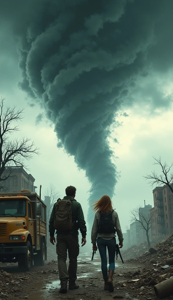 Big tornado chasers Glenn Powell Daisy Edgar-Jones, truck, destroyed city, terrible situation