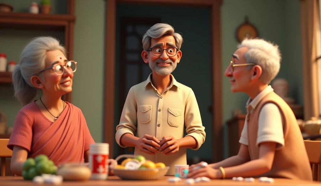 In 3D animation style:*Ramesh buying medicines and food for his elderly parents**, with his mother smiling weakly and his father showing silent gratitude