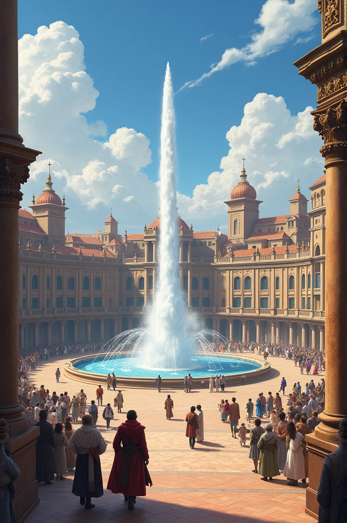 3 Scene in a central square of the city. The architect and his apprentice are now outside, walking through a wide circular plaza, surrounded by buildings with richly decorated facades. In the middle, A monumental fountain shoots jets of water into the sky. The square is full of people, Children playing, merchants selling their products, and nobles strolling