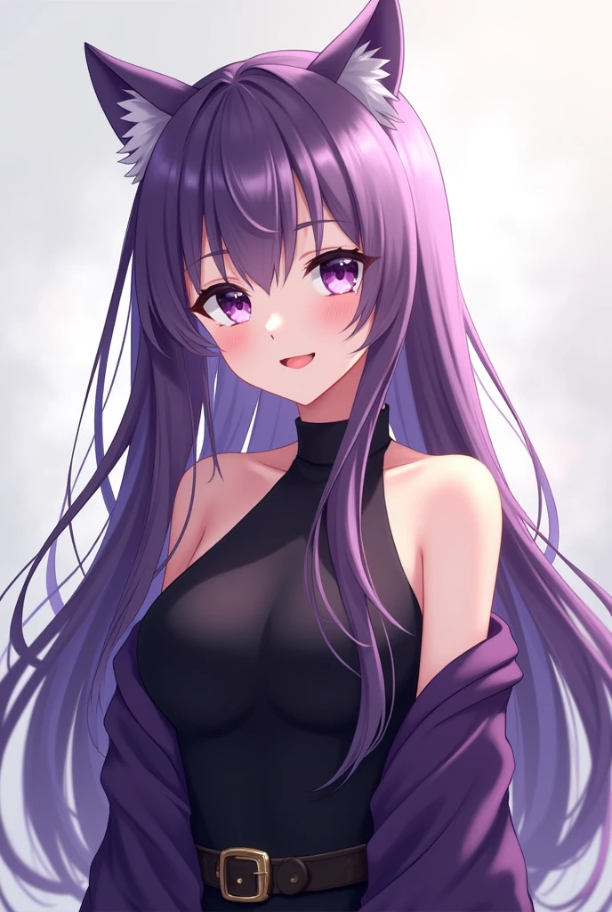 an anime girl, long purple hair cat ears dark purple eyes, black dress with purple jacket, smiling