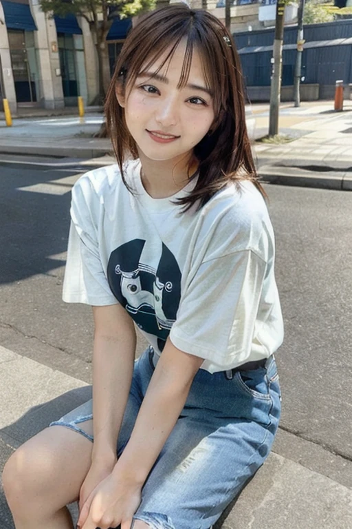 (skin blemish:0.8), (skindentation), black eye, 1woman, 25yo, (((woman))), solo, realistic, best quality, photorealistic, masterpiece, 8k, high res, solo, extremely detailed face, (professional lighting, bokeh), (light particles, lens flare, glowing particles:0.6), (dynamic pose:0.8), soft lighting, top angle view, fashionable and trendy atmosphere, Japan, tokyo, playground, street, city, shop, river, ((daytime)), sky, ((looking at the viewer:1)), (looking at the camera),(portrait:0.6), cowboy shot, gorgeous, sitting, hands down, keep original facial proportion, wide shoulder, full body, (medium breast), (long hair), brown hair, floating hair, lips, lipstick, seductive smile, floating hair, smile, open_mouth, teeth, T-shirt, round neck T shirt, shorts, jeans, eyelashes, mole, (mole under eye:1),   