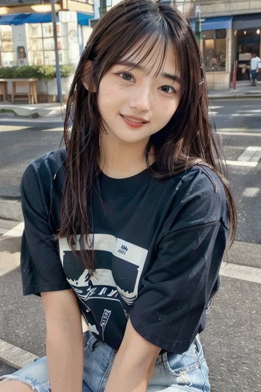 (skin blemish:0.8), (skindentation), black eye, 1woman, 25yo, (((woman))), solo, realistic, best quality, photorealistic, masterpiece, 8k, high res, solo, extremely detailed face, (professional lighting, bokeh), (light particles, lens flare, glowing particles:0.6), (dynamic pose:0.8), soft lighting, top angle view, fashionable and trendy atmosphere, Japan, tokyo, playground, street, city, shop, river, ((daytime)), sky, ((looking at the viewer:1)), (looking at the camera),(portrait:0.6), cowboy shot, gorgeous, sitting, hands down, keep original facial proportion, wide shoulder, full body, (medium breast), (long hair), brown hair, floating hair, lips, lipstick, seductive smile, floating hair, smile, open_mouth, teeth, T-shirt, round neck T shirt, shorts, jeans, eyelashes, mole, (mole under eye:1),