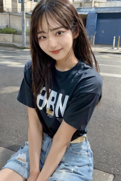 (skin blemish:0.8), (skindentation), black eye, 1woman, 25yo, (((woman))), solo, realistic, best quality, photorealistic, masterpiece, 8k, high res, solo, extremely detailed face, (professional lighting, bokeh), (light particles, lens flare, glowing particles:0.6), (dynamic pose:0.8), soft lighting, top angle view, fashionable and trendy atmosphere, Japan, tokyo, playground, street, city, shop, river, ((daytime)), sky, ((looking at the viewer:1)), (looking at the camera),(portrait:0.6), cowboy shot, gorgeous, sitting, hands down, keep original facial proportion, wide shoulder, full body, (medium breast), (long hair), brown hair, floating hair, lips, lipstick, seductive smile, floating hair, smile, open_mouth, teeth, T-shirt, round neck T shirt, shorts, jeans, eyelashes, mole, (mole under eye:1),   