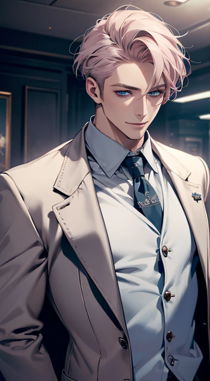 (best quality, masterpiece, 8K, photorealistic, cinematic lighting, hdr image, ultra detailed, beautiful image), a mature man, very handsome, smile, short grey pink hair, blue eyes, perfect face without errors, ((buttoning the jacket, CEO))