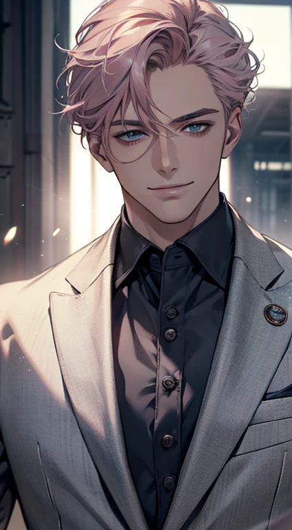 (best quality, masterpiece, 8K, photorealistic, cinematic lighting, hdr image, ultra detailed, beautiful image), a mature man, very handsome, smile, short grey pink hair, blue eyes, perfect face without errors, ((buttoning the jacket, CEO))