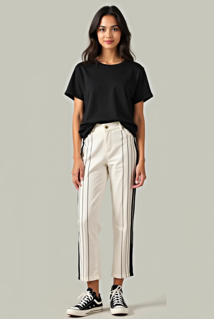 Make a girl wearing a normal black shirt, wearing a white with a veritical stripes all over the cropped pants that is 2 inches below the knee and a chuck taylor