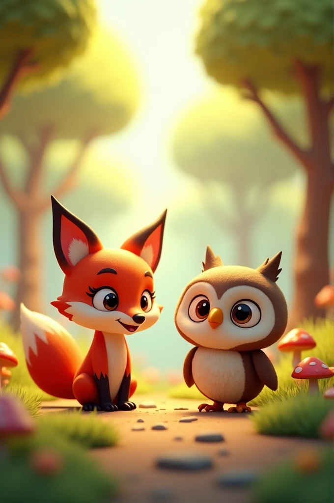 3D cartoon.fox and owl
