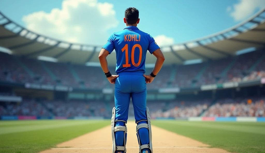 Show me the back view of cricket player Virat Kohli bowling with INDIA written on his blue jersey and wearing white sneakers，drop shadow, anaglyph, stereogram, tachi-e, ass pov, atmospheric perspective, 8k, super detail, best quality
