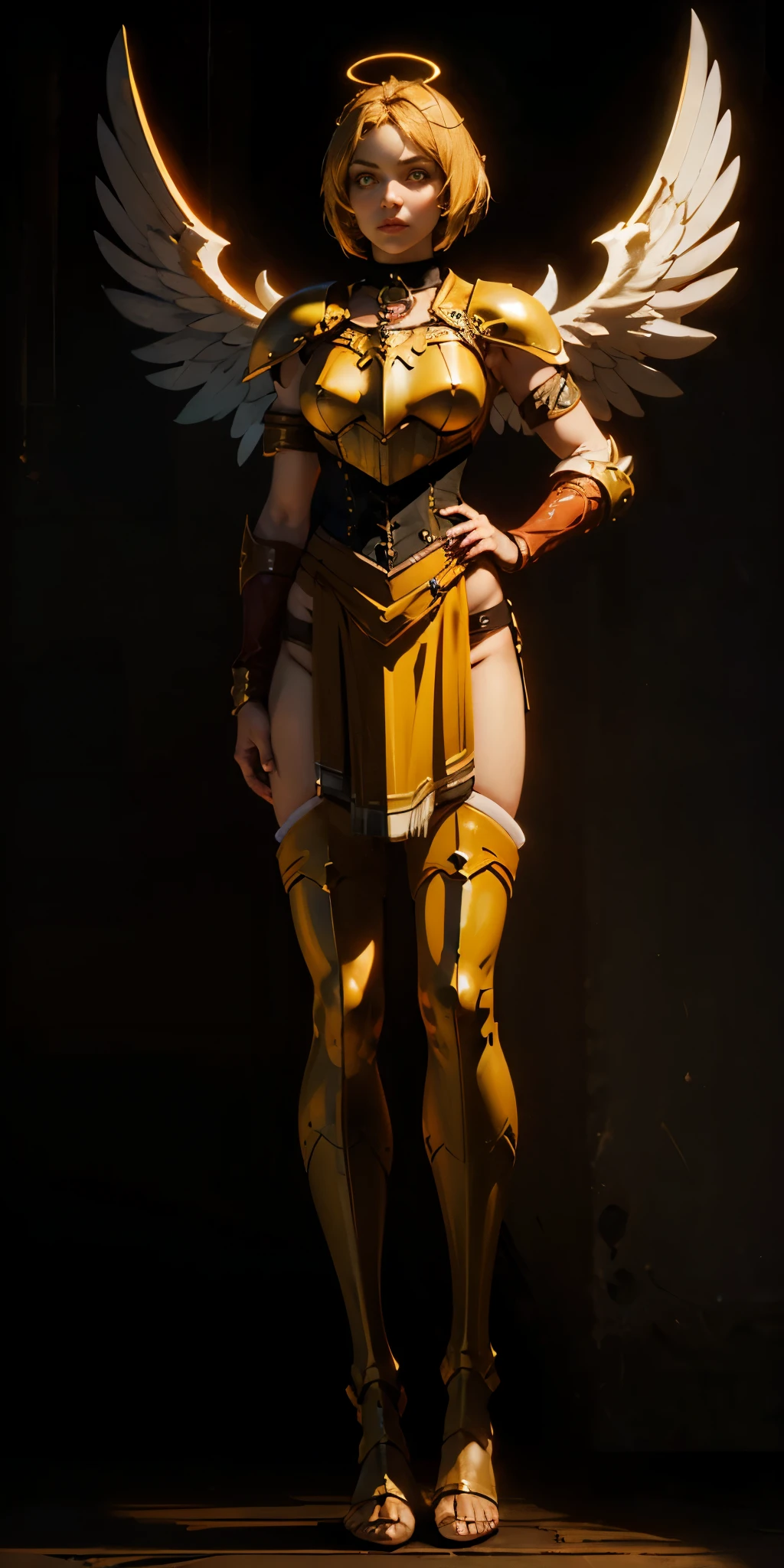 (Black background) paladin lady in ornate golden armor, black collar, pauldrons, breastplate, leather corset, glowing halo, short bob hair style, yellow glowing eyes, bright pupils, eye focus, red cape (full body, whole body, 1solo girl) slave fighter, loincloth standing, hands on hips, metal sandals, leather choker, big belt, view from below, feet together, bracers, tiara) feathers angel wings
