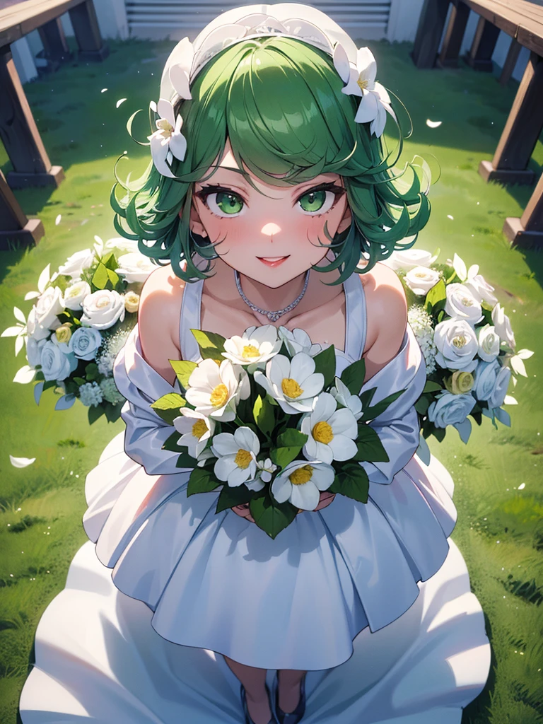 (high res, 8K, masterpiece, looking at viewer, best quality, very aesthetic, ultra detailed, ultra background, ultra Eyes) intricate details, 1girl, Tatsumaki, White wedding dress, White heels, Standing while holding a flower, Red Lips, green short hair, green eyes, smile face, Cheeks Flushed, Background Wedding Event, Cinematic Angle