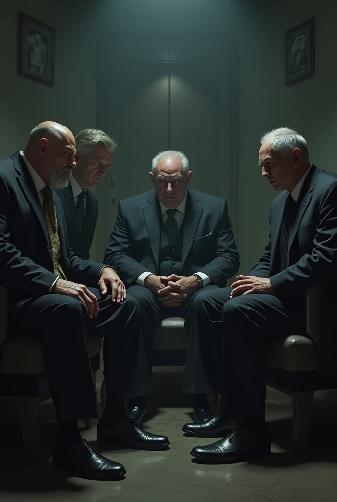 Make a calm environment in a room of four mafia boys three of them are elder and one younger boy.