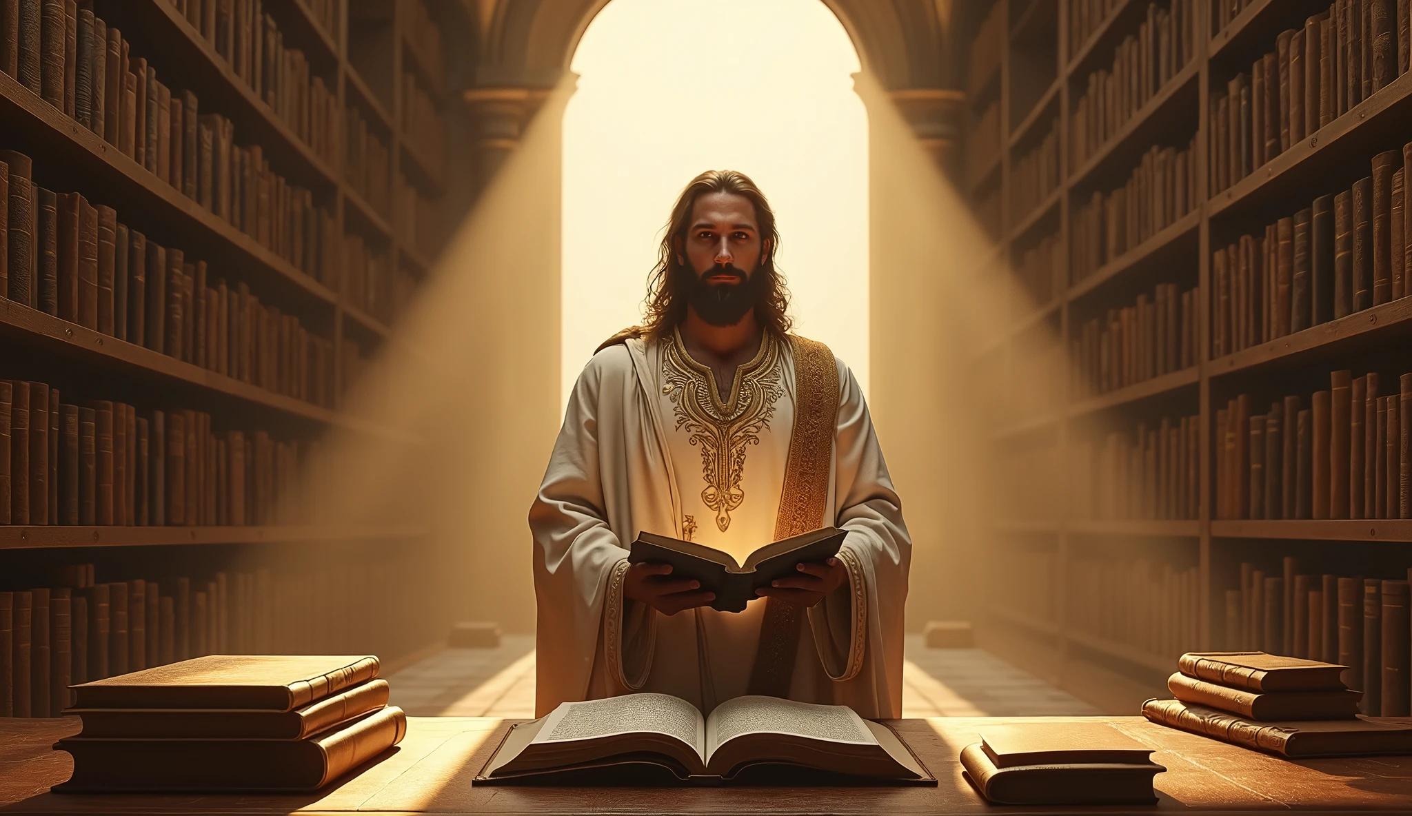 Crie uma imagem hiper-realista e misteriosa de Solomon em uma biblioteca grandiosa, where he is surrounded by shelves filled with books and scrolls. Solomon, dressed in a white linen tunic with gold embroidery and a cloak, is holding an open book, with an expression of contemplation and wisdom. Ao fundo, through a large arched window, the setting sun illuminates the scene, creating long shadows and an atmosphere of reflection. In the center of the table, in the spotlight, there is a book titled '7 Principles for Financial Prosperity'. The scene should convey the idea that, ao seguir Solomon e Arimathea, the viewer is accessing rare and transformative knowledge.