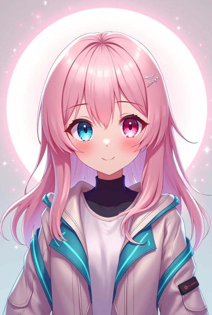 Anime human girl, a young girl with a halo like the moon, light pink hair, two eyes with different colors, pink and blue. Her outfit is cyber style but modern. She has a cheerful smile.