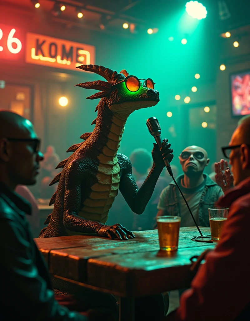 In a cyberpunk world, an anthropomorphic dragon wearing big green sunglasses, is singing with a microphone in a night pub, many strange creatures are watching him spellbound from their tables, the dragon sings looking up in concentration, the spotlights illuminate him like a rock star.