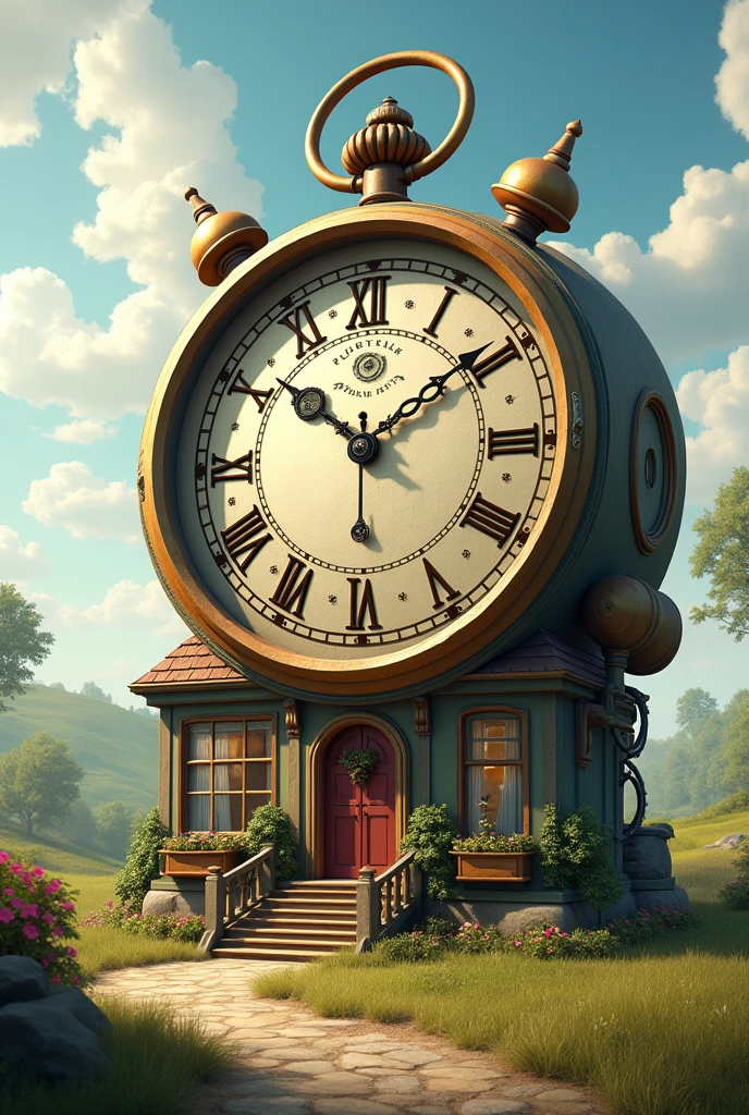 A two-story house that has stairs but is shaped like a clock that is larger than the house and its structure like a pocket watch, 