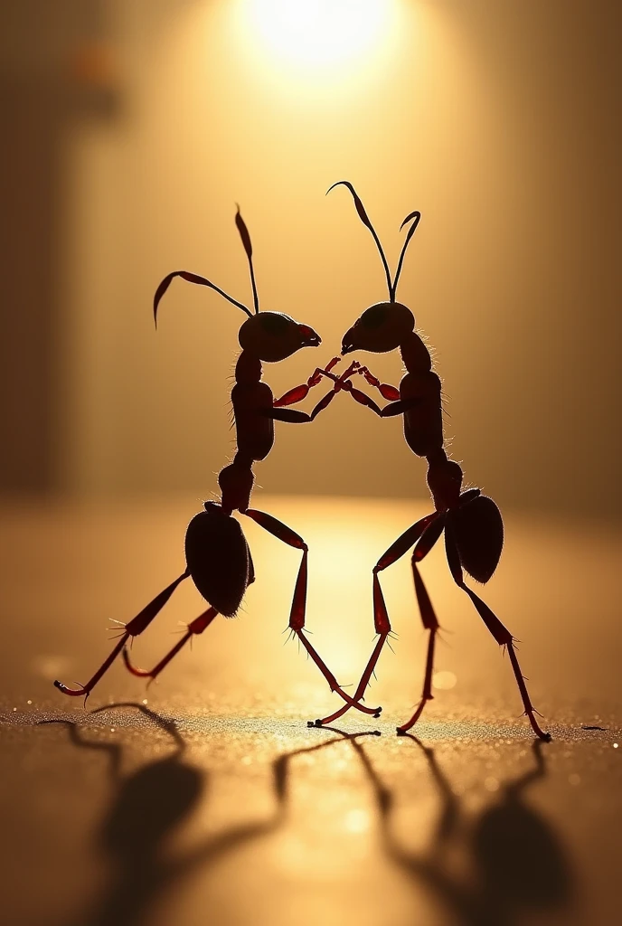Create an image showing real ants of the Cephalotes genus dancing the tango. The image must be taken against the light, so that the shadows and profiles of the ants stand out very clearly. The ants must be in a dance position, Capturing the movement and grace of tango, with its antennae and legs in elegant positions. Make sure the image has a high level of detail, especially in the texture of the ants and the projected shadows. The backlight should be diffuse and soft., creating a dramatic effect that accentuates the silhouette and shape of the moving ants. The overall atmosphere should be evocative and artistic., with a focus on contrast accuracy.