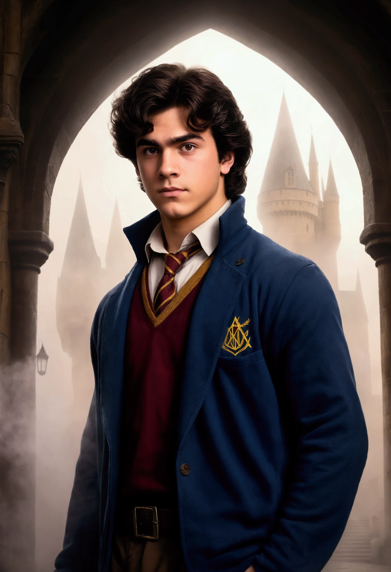 An illustrated movie poster, hand-drawn, full color, a teenage Wizard, 18-years-old, male, wearing a maroon uniform sweater and navy blue slacks, stout stocky build, broad shoulders, brown eyes, brown-black hair, voluminous curly mane, medium-light sun-tanned skintone, resembles Lou Ferrigno, standing in a foggy Hogwarts courtyard, surrounded by mist, graphite shading, stencil marks, airbrushed acrylic paint, masterpiece, close-up shot, in the style of the Deathly Hallows