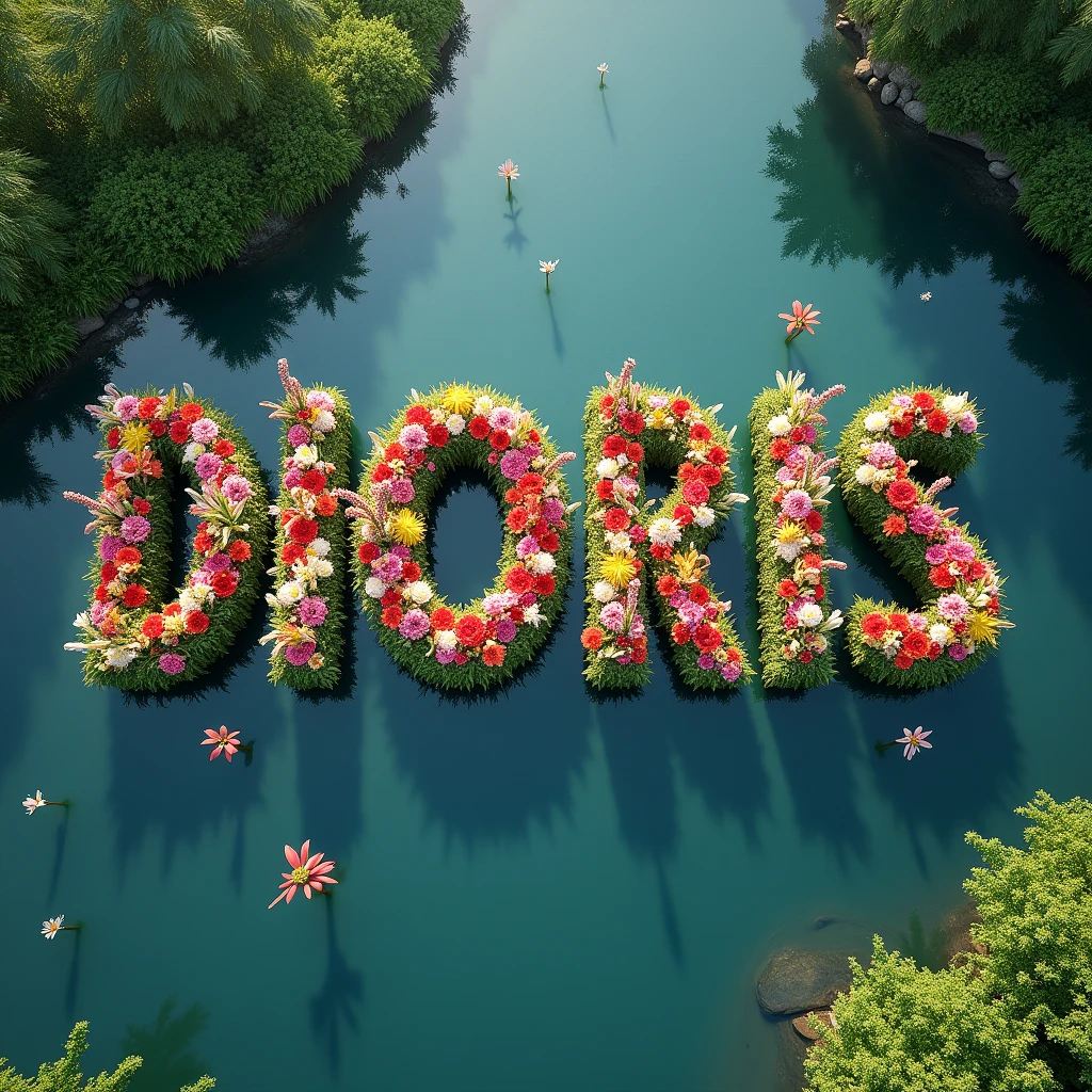 Those 6 big letters DIORIS made of flowers floating face up lying in a river aerial view