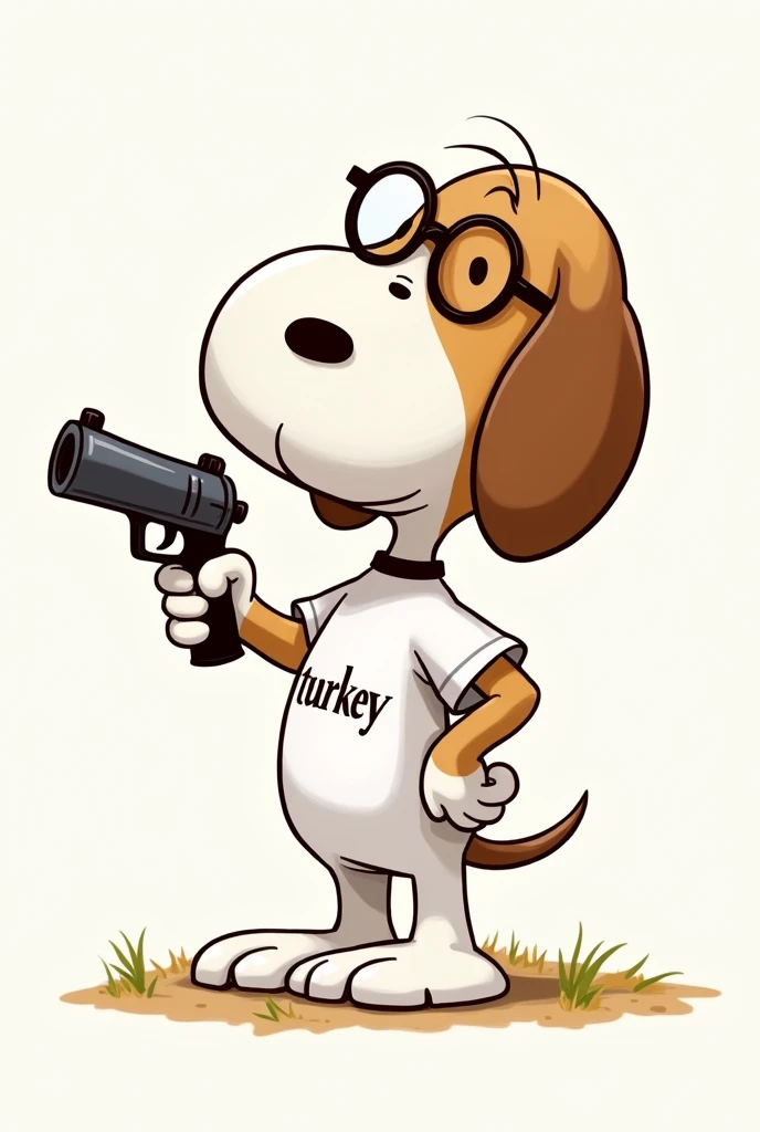 He takes a photo of Snoopy with glasses shooting from the side with an air gun and with his left hand on his waist and with a white t-shirt that says Turkey
