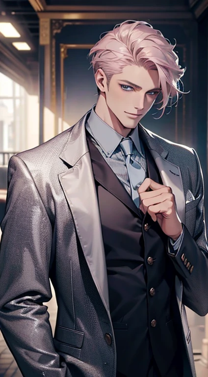 (best quality, masterpiece, 8K, photorealistic, cinematic lighting, hdr image, ultra detailed, beautiful image), a mature man, very handsome, smile, short grey pink hair, blue eyes, perfect face without errors, ((buttoning the jacket, CEO))