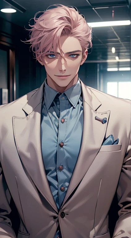 (best quality, masterpiece, 8K, photorealistic, cinematic lighting, hdr image, ultra detailed, beautiful image), a mature man, very handsome, smile, short grey pink hair, blue eyes, perfect face without errors, ((buttoning the jacket, CEO))