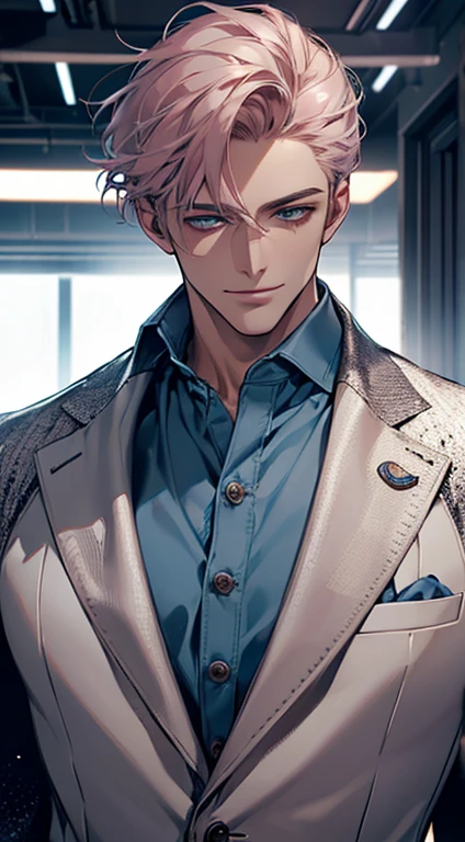 (best quality, masterpiece, 8K, photorealistic, cinematic lighting, hdr image, ultra detailed, beautiful image), a mature man, very handsome, smile, short grey pink hair, blue eyes, perfect face without errors, ((buttoning the jacket, CEO))