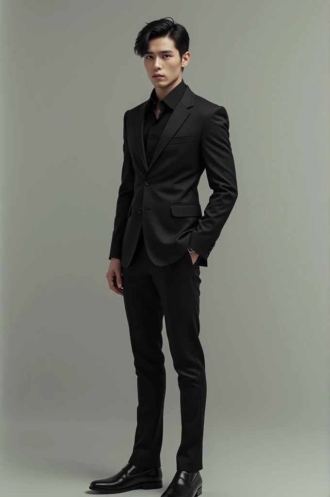 Create a tall, thin, white-skinned, black-haired, handsome man