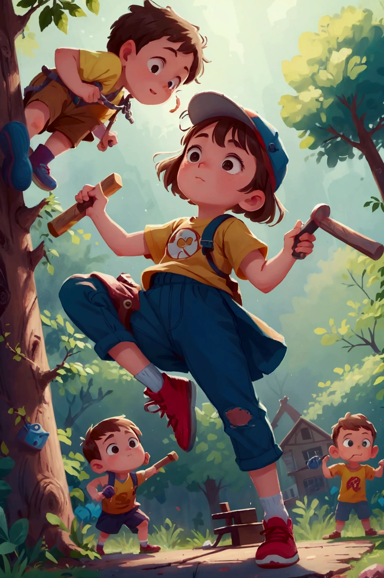 A girl named Emma holding a ladder steady while a boy hammers a plank on a tree branch, with other kids busy with tools around them.