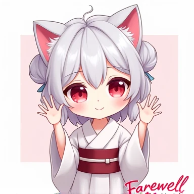 One Woman,Gray Hair,Cat ear,((Chibi Character)) ,Red eyes,,White kimono,wave hands,Bye bye,smile,Enter your text in the bottom right corner of the fantasy image,A very popular font,