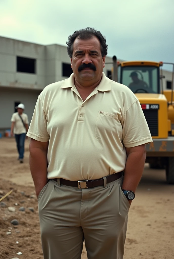 1homem, de 65 anos, ((com traje, construction worker's jacket, calca jeans velha, sapato preto de borracha)), ((Autorretrato de corpo inteiro)), 8k UHD, DSLR, grain of film, Pintura fotorrealista, Arte MidJourney, in a scenario of a construction corridor under construction, with sharp focus.